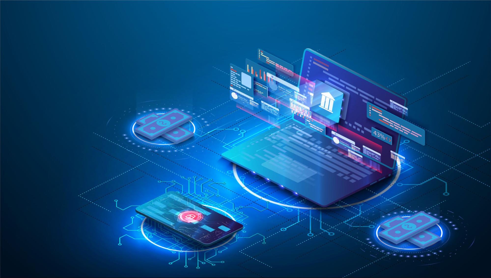 Illustration of a laptop, smartphone, and money icons representing digital assets.