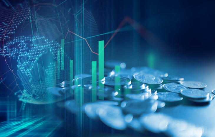 Coins with digital bar charts and stock market data overlay, symbolizing different types of investment funds