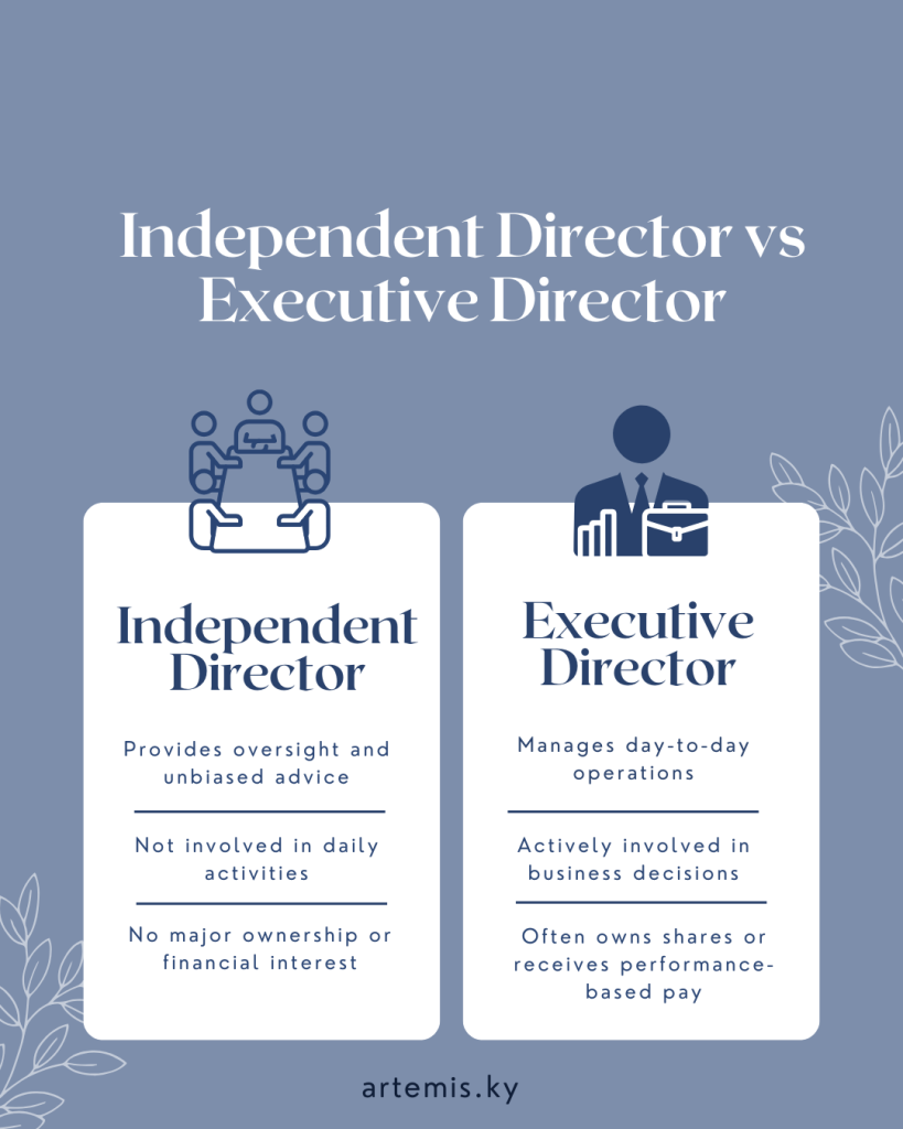 Comparison of Independent vs Executive Director roles with key differences in duties, involvement, and financial interest