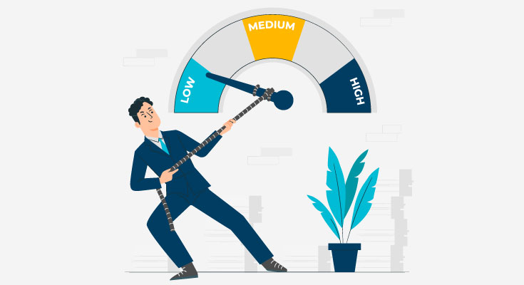Illustration of a businessman pulling a gauge needle from high risk toward low, with labeled sections Low, Medium, and High risk